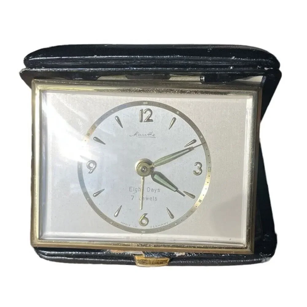 Saks Fifth Marithe Germany Vintage Travel Alarm Watch/Clock Gold Leather Case